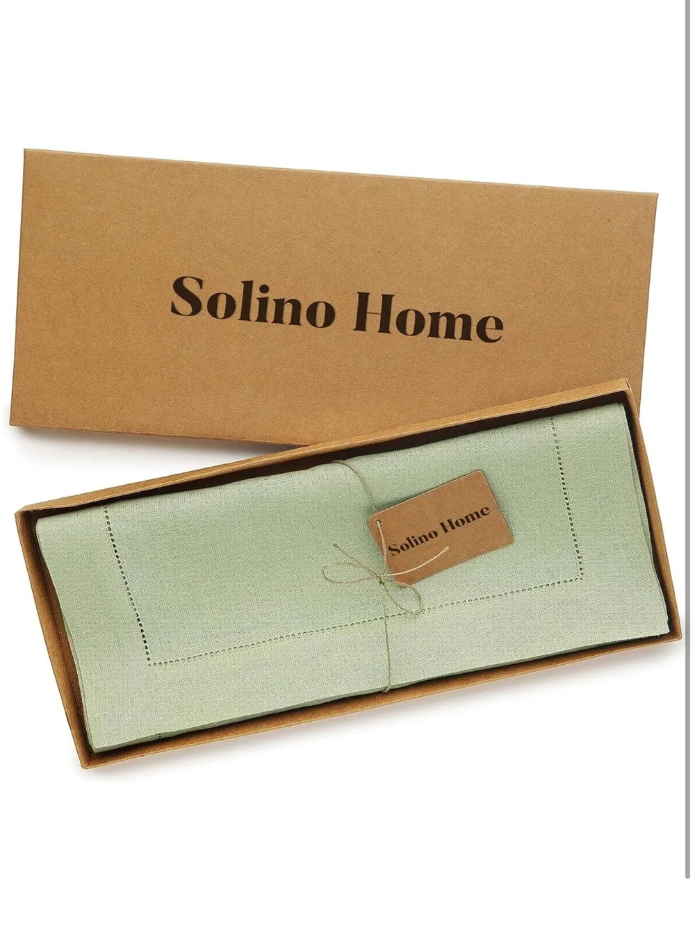 NEW Solino Home 100% Pure Linen Table Runner Sage Green. Classic Hemstitch